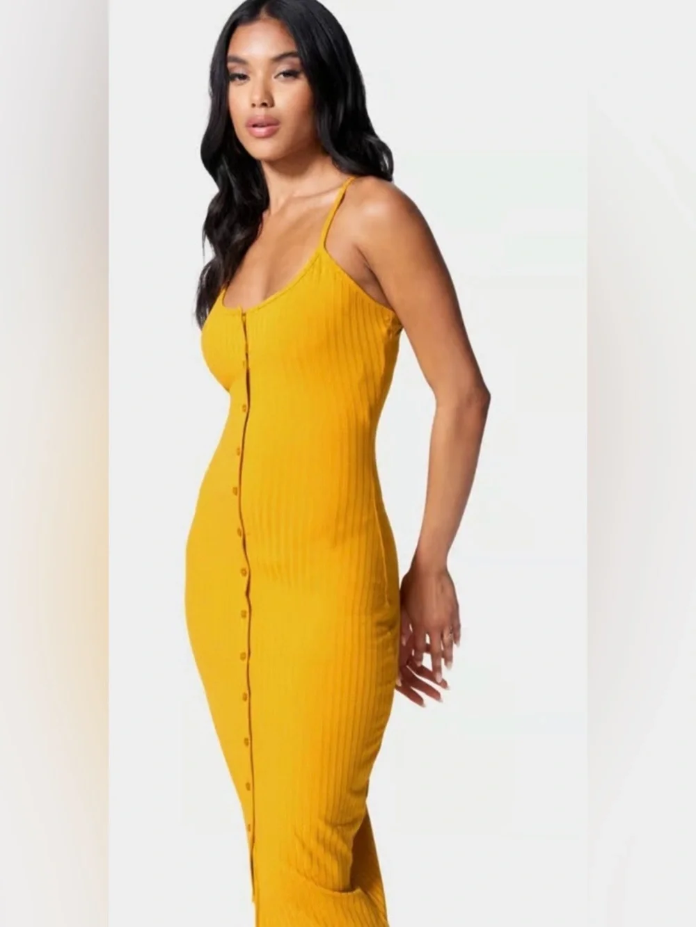 BEBE NWT Rib Knit Sleeveless Button-Front Yellow Bodycon Midi Dress Size S